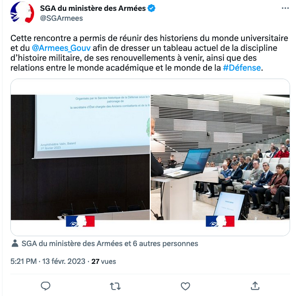 États généraux de l'histoire militaire, SGA, SHD, Ministère des Armées, février 2023, Paris, Balard, Amphithéâtre Valin, Twitter, Coline Ferro / Agence Waka